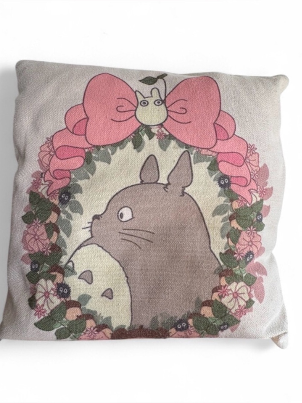 Inspired Totoro Decorative Throw Pillow - Pink & Brown Wreath Bow